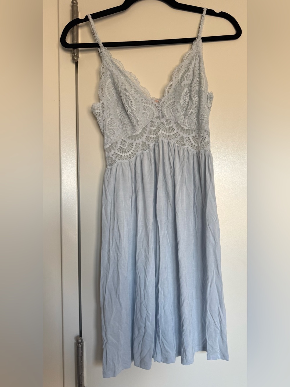 Eberjey Light Blue Lace-Trim Chemise with Spaghetti Straps